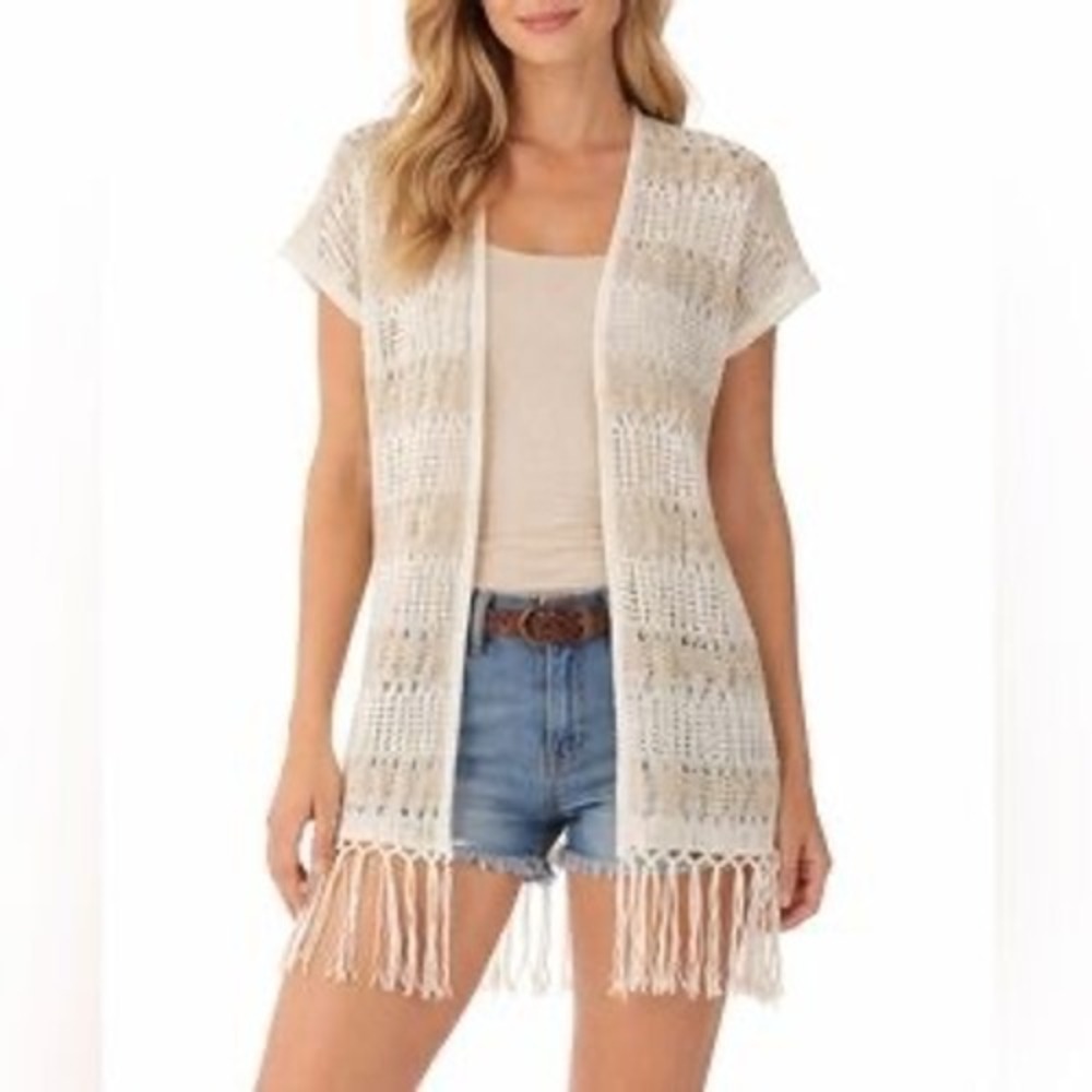 Natural Reflections Open Knit Crochet Fringe Cardigan Cream Tan‎ Striped Boho